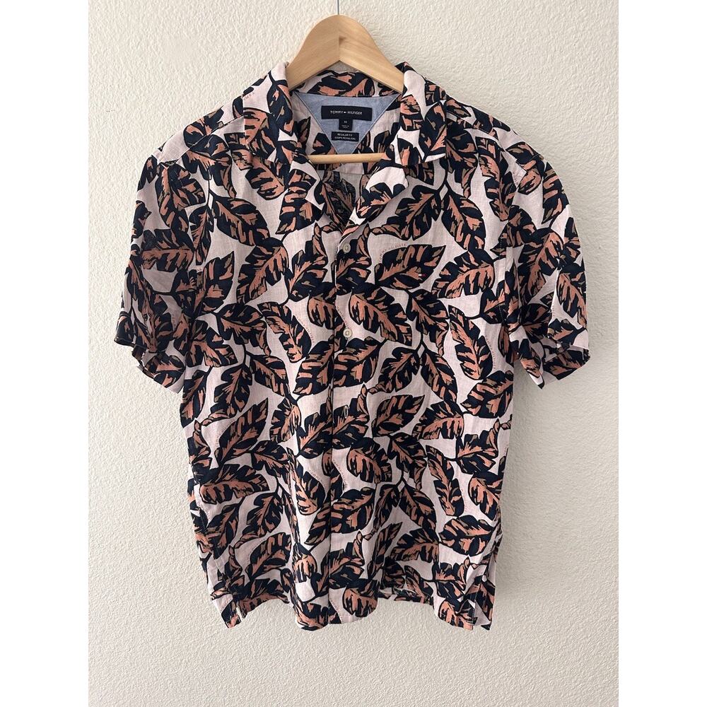 Tommy Hilfiger Hawaiian Shirt Mens M Floral Blue Orange Short Sleeve